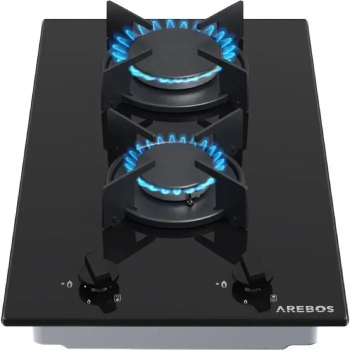 AREBOS Plaque de Cuisson à Gaz 2 Brûleurs Verre Trempé Gaz Naturel & Propane Sécurité CE
