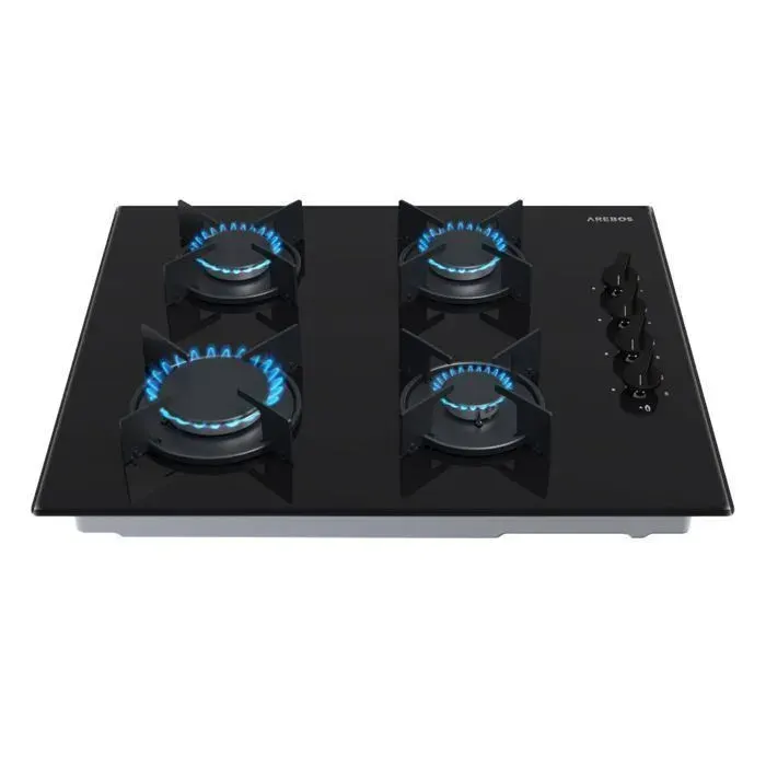 AREBOS Plaque de cuisson à gaz 4 foyers Verre trempé sécurité thermocouple compatible gaz naturel & propane — coloris Noir