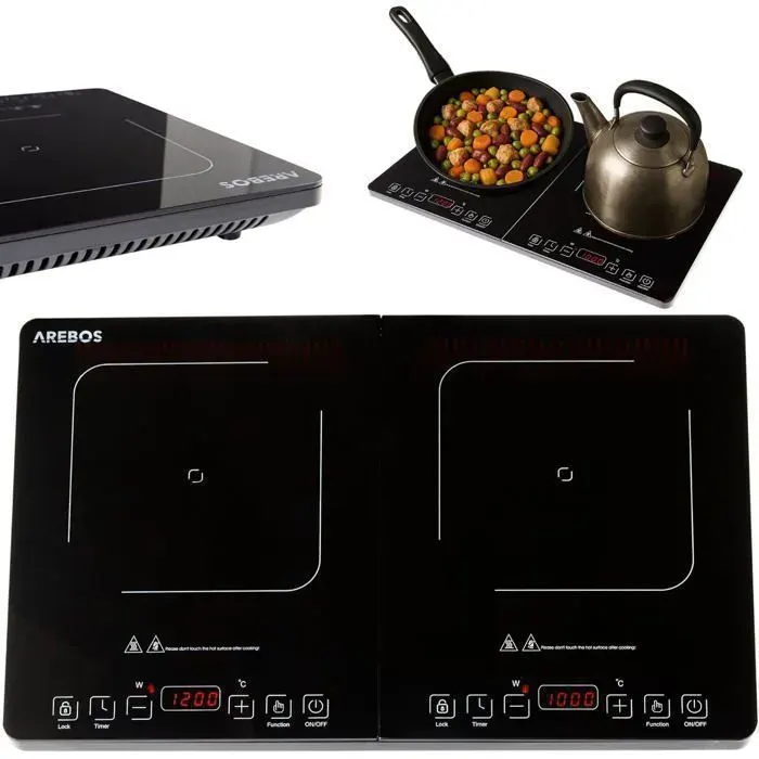 AREBOS Plaque de cuisson à induction 2 zones 3500 W– Puissante sécurisée et idéale pour la cuisine mobile ou en camping