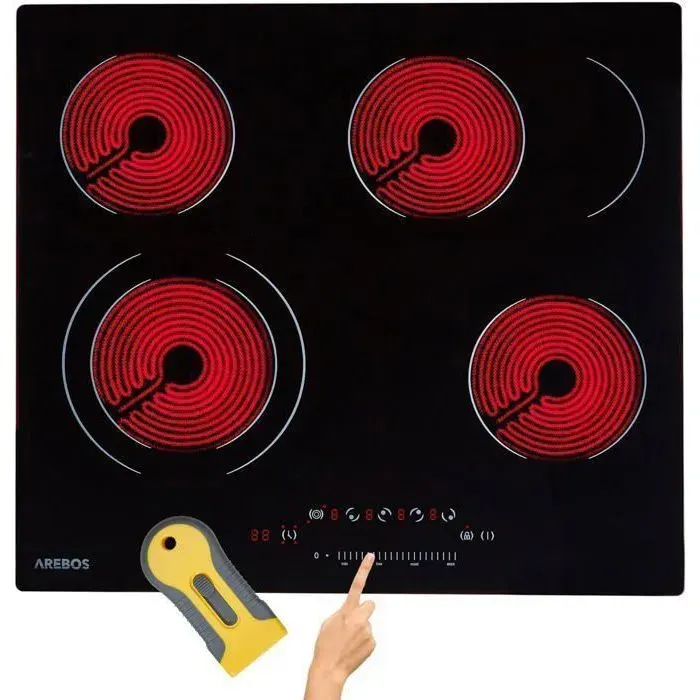 AREBOS Plaque de cuisson vitrocéramique 6600 W 4 foyers 59 cm Table de cuisson électrique Sensor Touch sécurité enfants