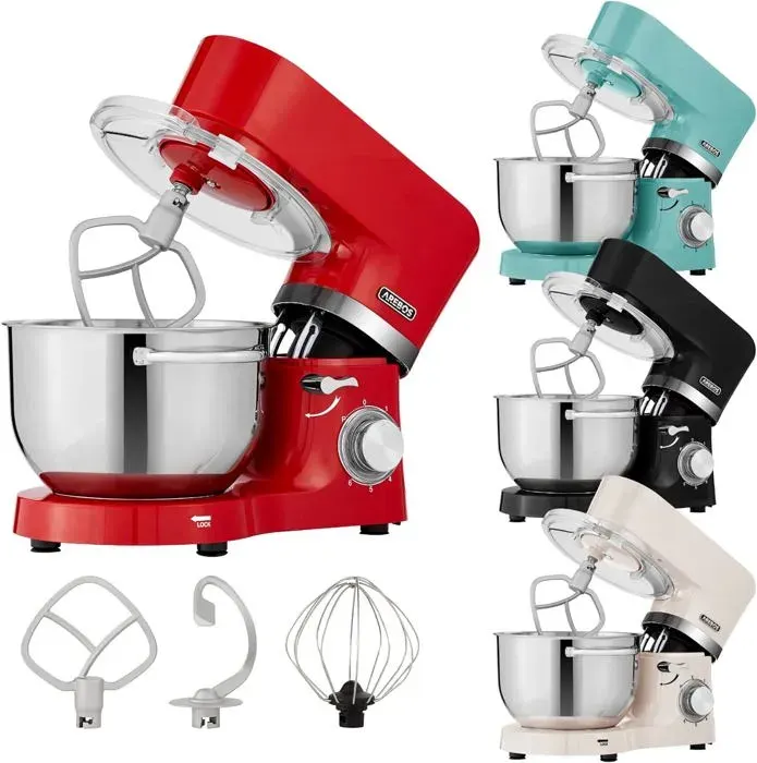 AREBOS Robot Pâtissier Professionnel 1500W Avec 2 Bols dAcier Inoxydable 6 Vitesses Fonction Pulse Rouge