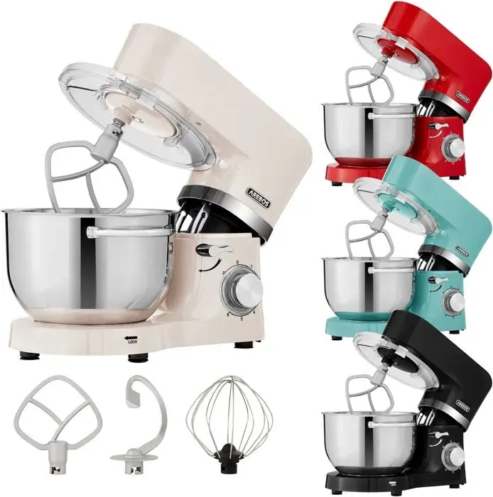 AREBOS Robot Pâtissier Professionnel 1500W Blanc Robot de Cuisine Multifonction avec Fouet Batteur Crochet 6 Vitesses