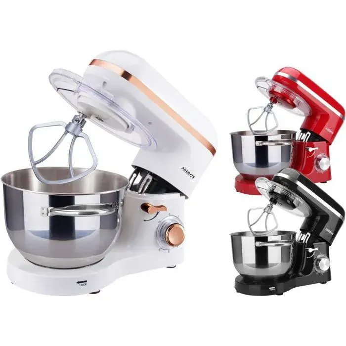 AREBOS Robot Pâtissier Professionnel 1500W Bol dAcier Inoxydable 6 Litres 6 Vitesses Fonction Pulse Blanc
