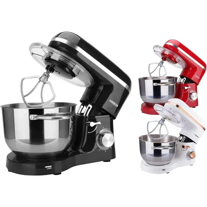 AREBOS Robot Pâtissier Professionnel 1500W Robot de Cuisine Multifonction Bol Inox 6L 6 Vitesses Fonction Pulse Noir