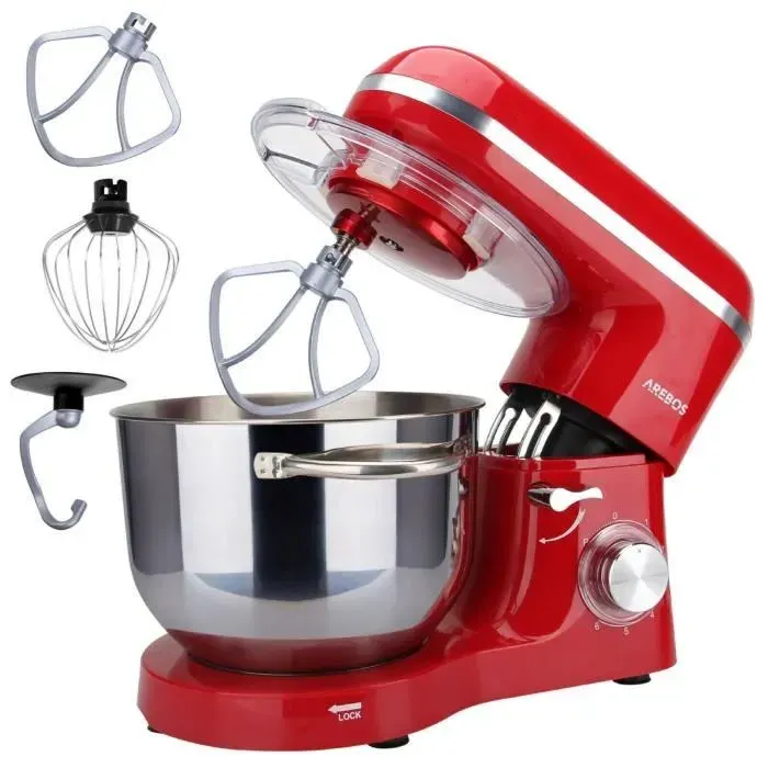 AREBOS Robot Pâtissier Professionnel 1500W Rouge Robot de Cuisine Multifonction Inoxydable 6 Litres 6 Vitesses