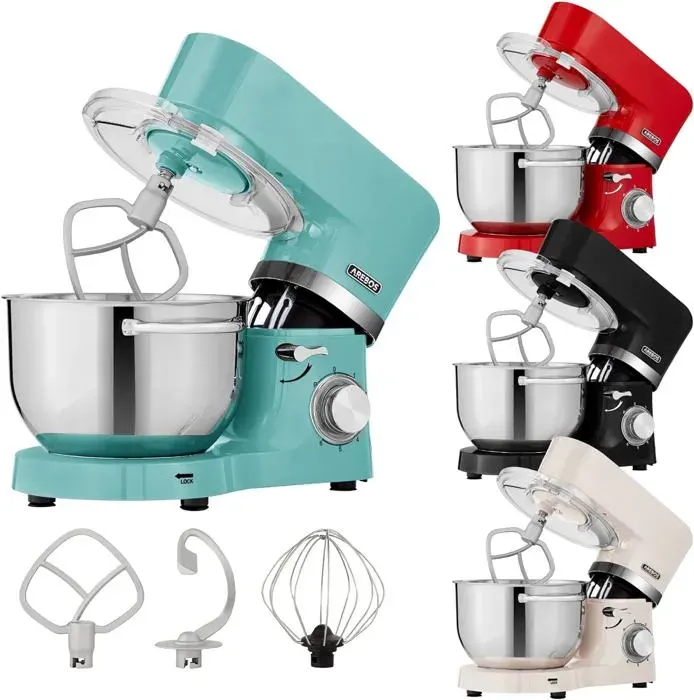 AREBOS Robot Pâtissier Professionnel 1500W Turquoise Robot de Cuisine Multifonction avec Fouet Batteur Crochet 6 Vitesses