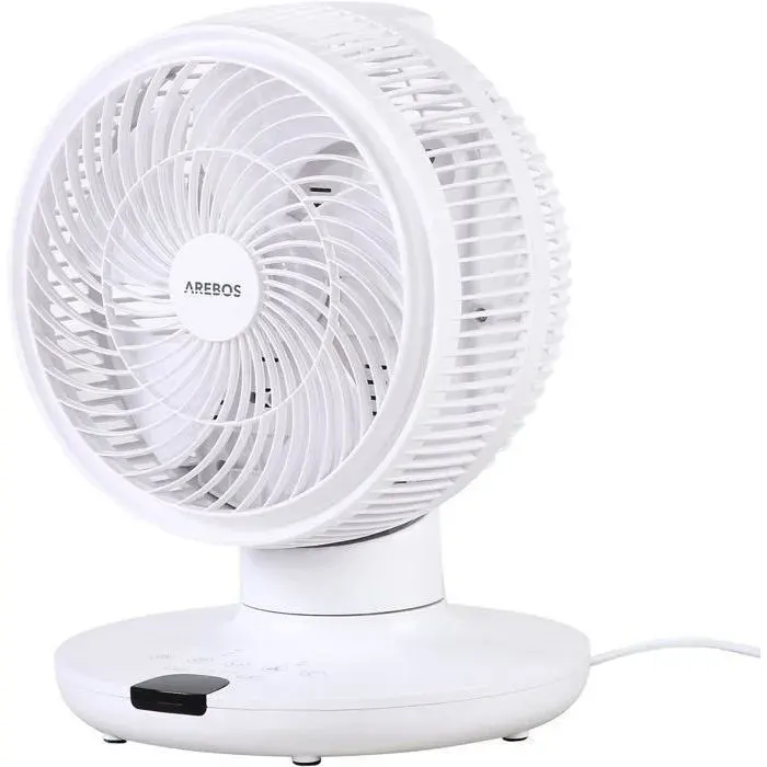 AREBOS Ventilateur de table 55 W Oscillation 3D 4 vitesses Minuterie 1–7 h Télécommande Silencieux ≤55 dB – Blanc