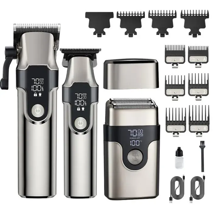 Argent 3 Pièces Tondeuse Cheveux Professionnelle Electrique Complet Coupe Rechargeable Barbe Rasoir Sculptage Maison Silencieuse