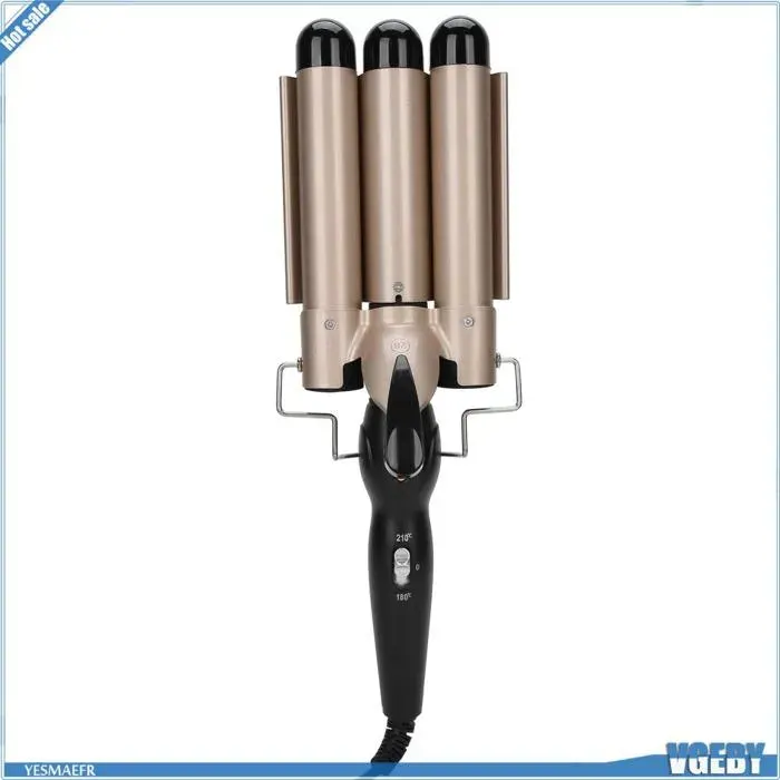 Ashata Baguette de fer à friser 3 barils 3 barils fer à friser baguette réglable bigoudi Waver beaute peigne Prise UE Dorée 28mm
