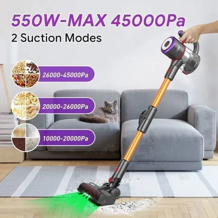 Aspirateur 7 en 1 45kPa 550W 6x3200mAh Autonomie 53 Min 5 Étages Filtration Réservoir 16L Indicateur LED vert ASPIRATEUR BALAI