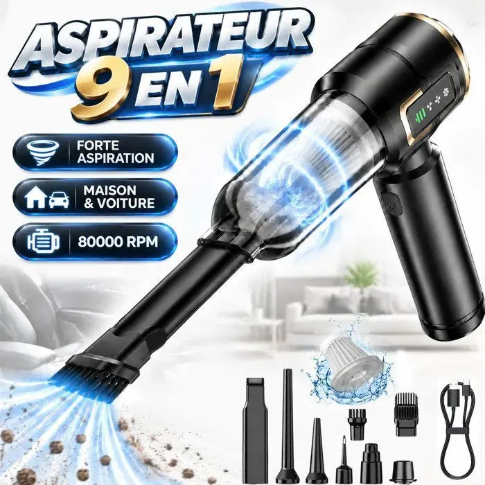 Aspirateur à main - 21000Pa 4 en 1 moteur sans balais écran LED+buses multiples pour nettoyage voiture bureau3niveaux daspiration