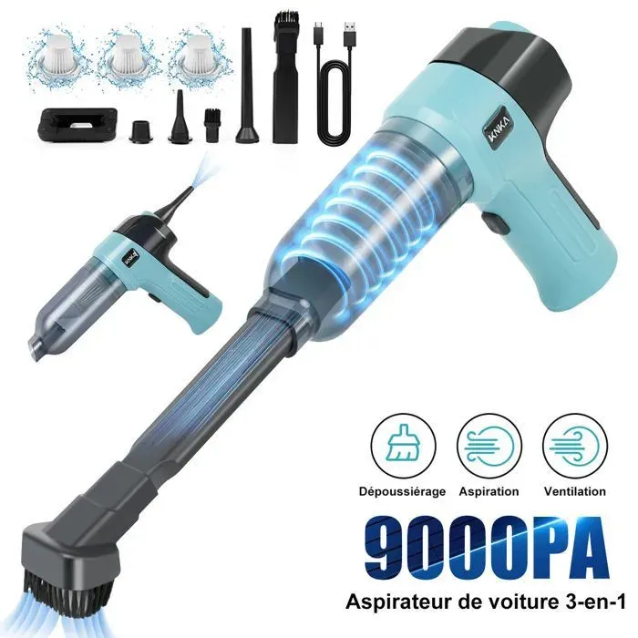 Aspirateur à Main 6 en 1 9000Pa - Sans Fil Rechargeable USB - Avce 3 Filtres HEPA Lavables - Souffleur - Bleu