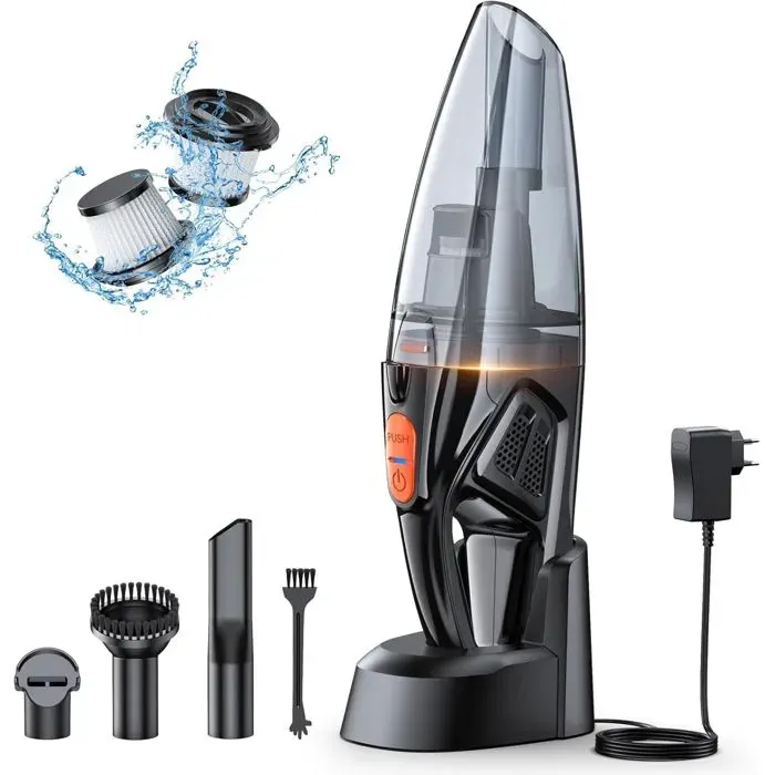 Aspirateur à Main Rechargeable 9KPA Sans Fil - Socle Charge Rapide et Lumière LED - 2 Filtres HEPA pour Domicile et Voiture