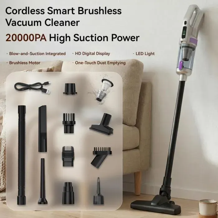 Aspirateur à main sans fil polyvalent pour voiture et maison moteur sans balais 20000Pa livré avec tige d’extension