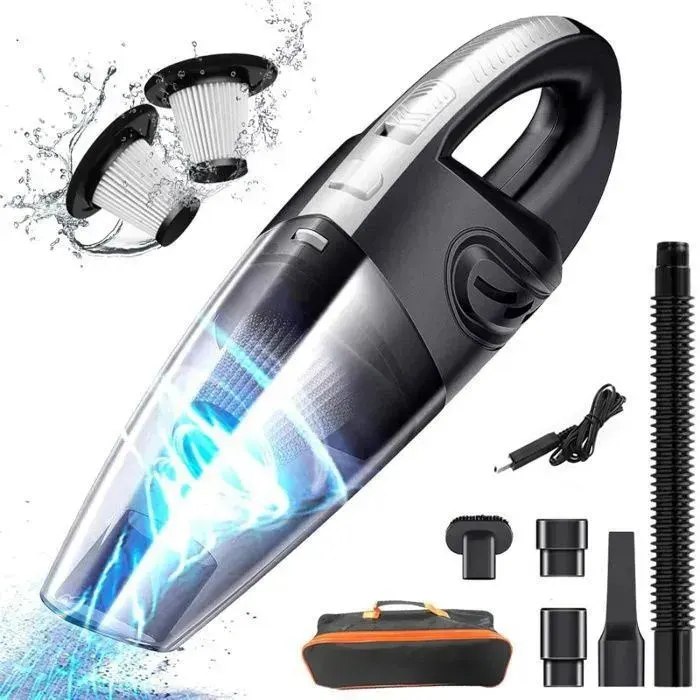 Aspirateur à Main Sans Fil Rechargeable Voiture 120W - Nettoyage Humide et Sec - 2 Filtres HEPA -Avec sac de rangement - Noir