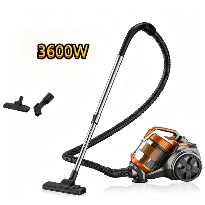 Aspirateur Aspirateur Sans Sac 3600W Puissant 15000Pa Aspirateur pour Tapis Sols durs Câble 5 m Silencieux Brosse 2 En 1 Orange