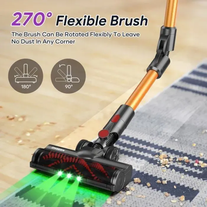 Aspirateur balai 45000Pa silencieux 65dB moteur 550W batterie 6x3200MAH pour 53min éclairage LED vert des recoins sombres