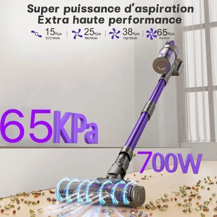 Aspirateur Balai 700W65000Pa8 en 1Batterie 2900mAh (70min)4 VitessesFiltration 7 ÉtapesLEDAspirateur sans fil puissant