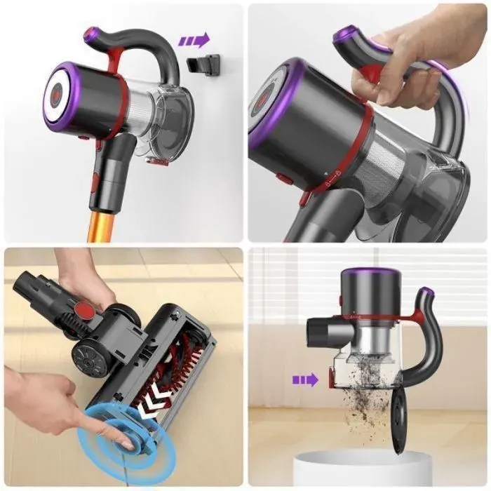 aspirateur balai avec fil pour poil animaux filtre 5 étapes lavable léger pliable forte aspiration LED batterie 6x3200mAh élimine l
