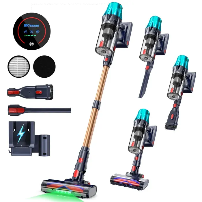 Aspirateur Balai BLOSSOM V20 sans fil 600W/55KPA Autonomie 65min Batterie amovible Écran tactile Capacité 18L Bleu et Or