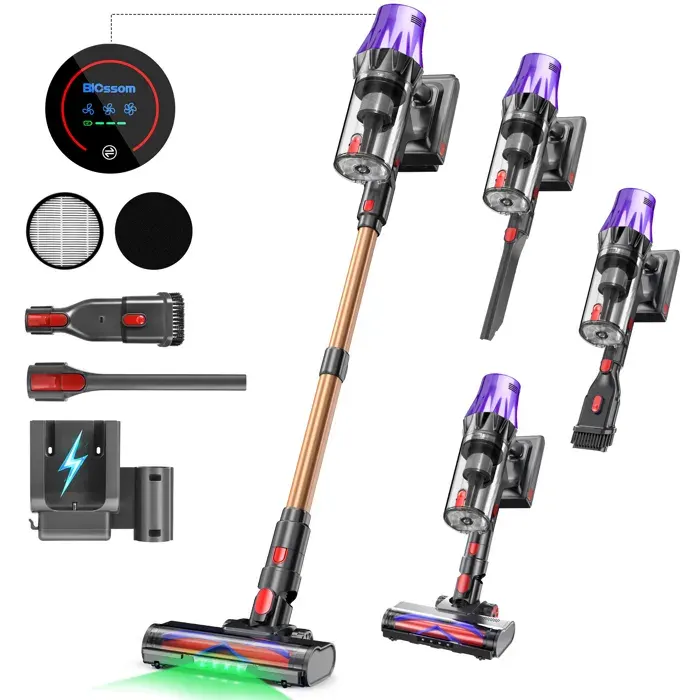 Aspirateur Balai BLOSSOM V20 sans fil 600W/55KPA Autonomie 65min Batterie amovible Écran tactile Capacité 18L violet et Or