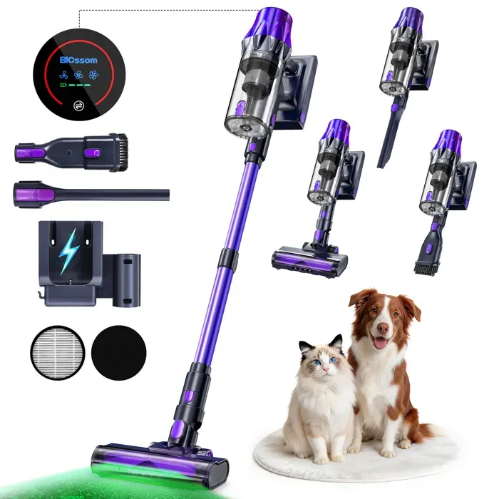 Aspirateur Balai BLOSSOM V20 sans fil 650W/55KPA Autonomie 65min Batterie amovible Écran tactile Capacité 15L violet