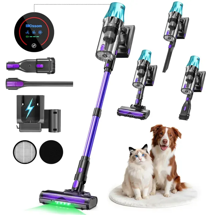 Aspirateur Balai BLOSSOM V20 sans fil 650W/55KPA Autonomie 65min Batterie amovible Écran tactile Capacité 15L Bleu/violet