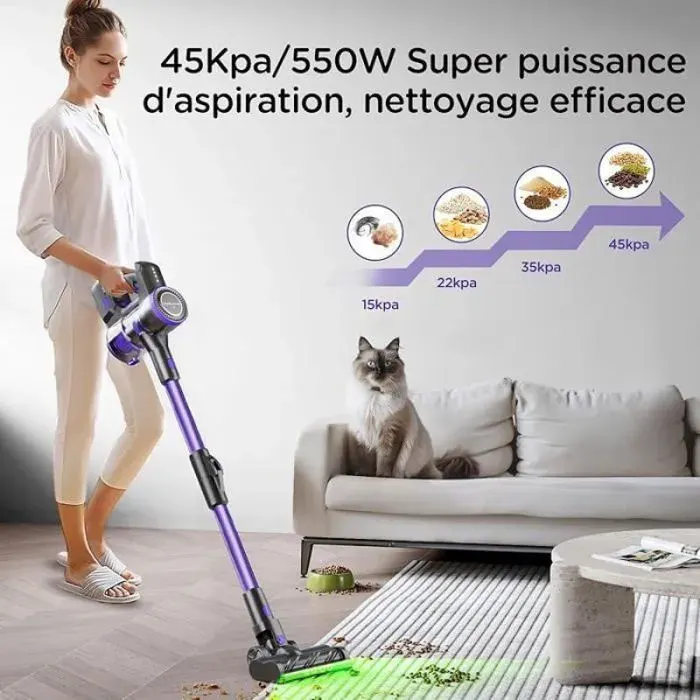 Aspirateur Balai - Intelligent - 45000 Pa - 550W - Autonomie 60 min - Filtration HEPA