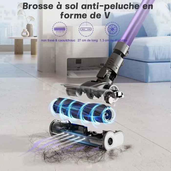 aspirateur balai puissant 65KPa 700W convertible main 8‑en‑1 autonomie 70min batterie lithium 9x2900mAh 4 vitesses