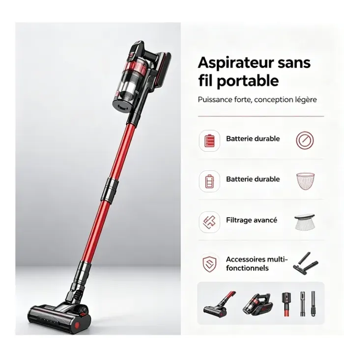 aspirateur balai puissant pour maison avec animaux domestiques 75Kpa 800W bac 2L filtration 7 étapes 70min autonomie LED