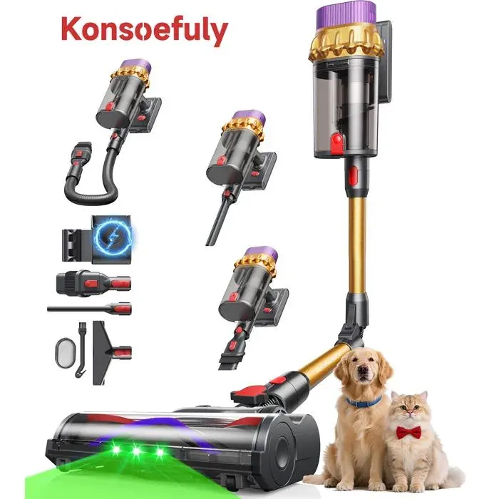 Aspirateur Balai Sans fil - 125000 t/min - 80 kPa- 650 W - 70 minutes- Brosse avec lumière intégrée Aspirateur Balai Konsoefuly®