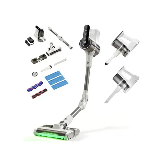 Aspirateur Balai Sans Fil 15 000 Pa/40 000 RPM/30 Min Aspirateur Laveur Autoportante avec Tube Pliable Lumière Verte Filtration