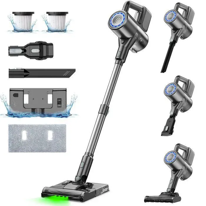 Aspirateur balai sans fil 2 en 1 Homefire 40000Pa/500W 2 vitesses 60dB 40 min Aspirateur laveur Filtration HEPA - Noir