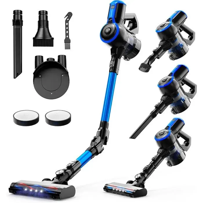Aspirateur Balai Sans Fil 25KPa/160W 2 Modes Tube Pliable 180° Lumières LED Support Mural 40Min Pour Sols Et Tapis