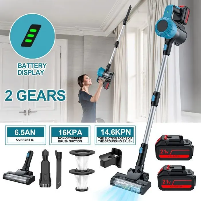 Aspirateur Balai sans Fil 3 en 1 réservoir à poussière de 08 litre 3800 W convient aux sols aux tapis et aux poils danimaux.