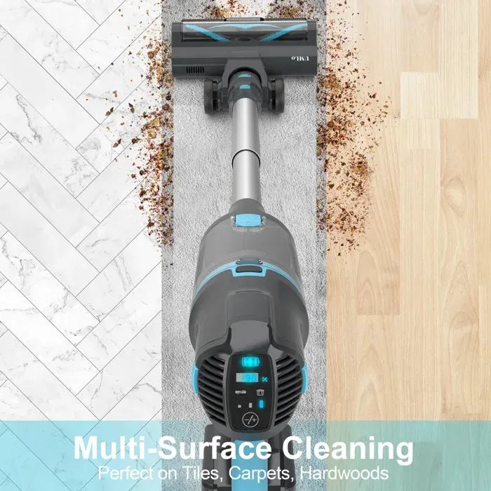 Aspirateur balai sans fil 30 kPa gris bleu – 2-en-1 HEPA 60 min