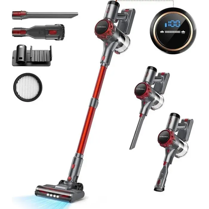 Aspirateur balai sans fil – 300 W – 40 000 Pa – affichage LED – 2 vitesses – Gris/Rouge