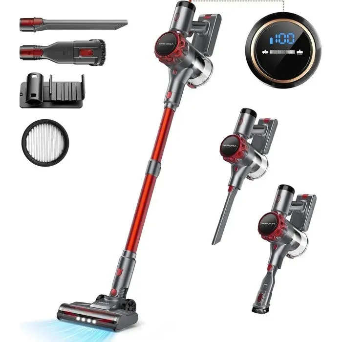 Aspirateur balai sans fil 300 W 40 000 Pa aspirateur à main affichage LED 2 vitesses filtration 5 couches gris rouge