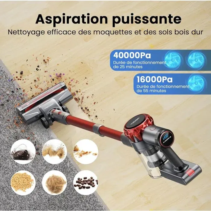 Aspirateur balai sans fil – 300W 40000Pa 2 vitesses LED HEPA H10 brosse anti-emmêlement gris rouge