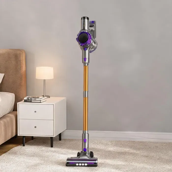 Aspirateur balai sans fil 40 000 Pa avec brosse anti-enchevêtrement et filtrage HEPA – violet et finition dorée