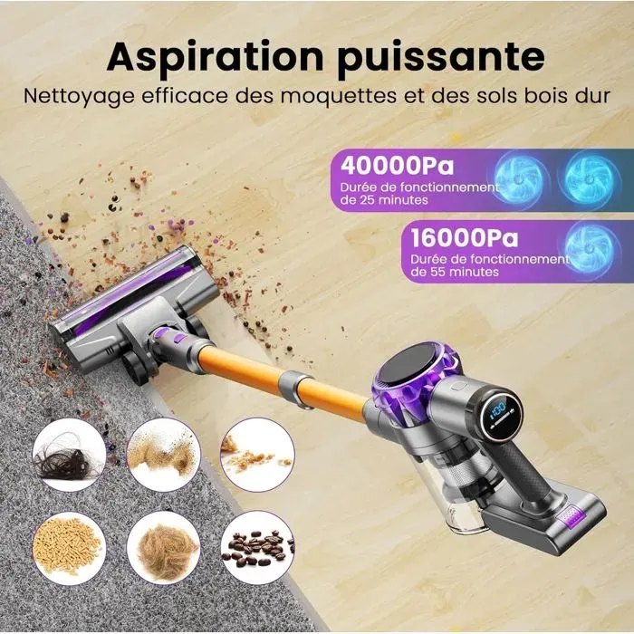 Aspirateur balai sans fil 40000 Pa 300 W aspirateur à main 6 en 1 autonomie jusqu’à 55 min HEPA H10 ORVRYN