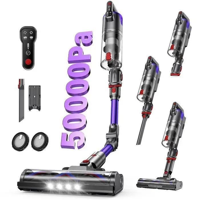Aspirateur balai sans fil 50 kPa - YOIMOIMO - Autonomie 50 mins- Éclairage LED - Brosse anti-emmêlement- Utilisation à sec et humide