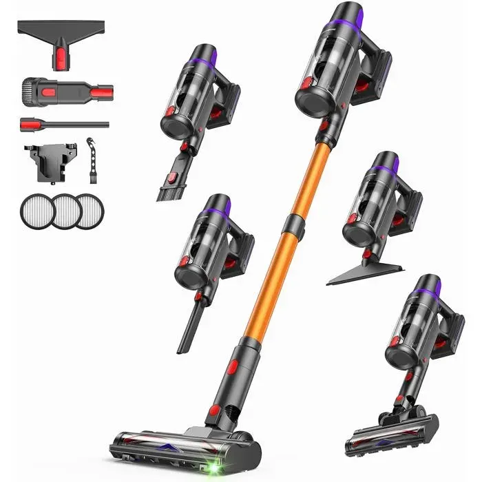 Aspirateur Balai Sans Fil 500W/45Kpa 60Min HEPA H13 Brosse Anti-Enchevêtrement LED Verte Autoportant 8 En 1 Pour Animaux