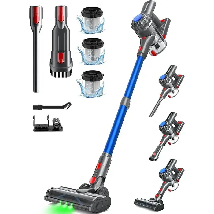Aspirateur Balai Sans Fil 50Mins 40Kpa 450W avec LED et Brosse Améliorée pour Tapis et Sols Durs Bleu