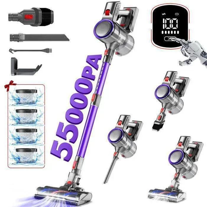 Aspirateur Balai Sans Fil 55000Pa/580W/55Mins dAutonomieAspirateur balai avec Écran LED2.3L Capacité Aspirateur balai pour
