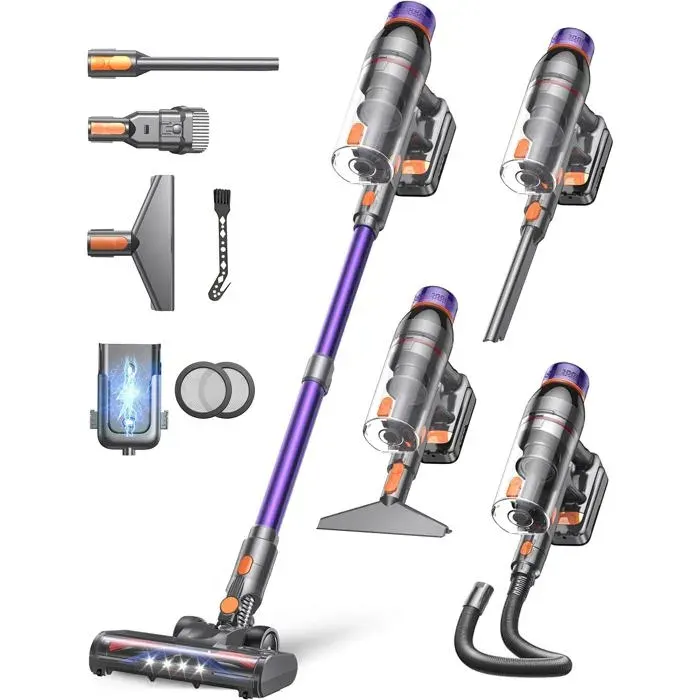Aspirateur Balai Sans Fil 550W 45Kpa 60 Min Mode Auto Support Mural Brosse Anti-Enchevêtrement Tapis Sols Durs Poils Maison