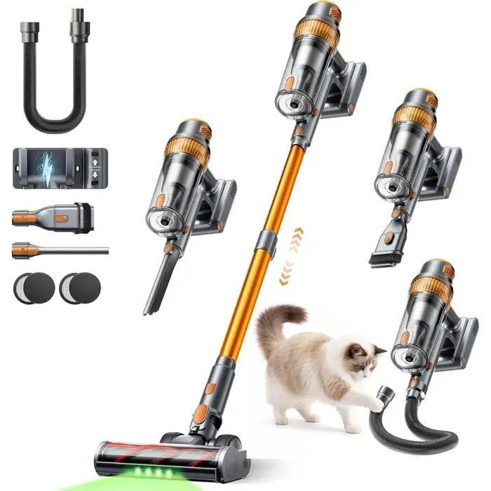 Aspirateur Balai Sans Fil 55KPa/650W/70Min Tuyau 1M Mode Auto Charge Murale Écran LCD Poils Animaux Sols Voiture