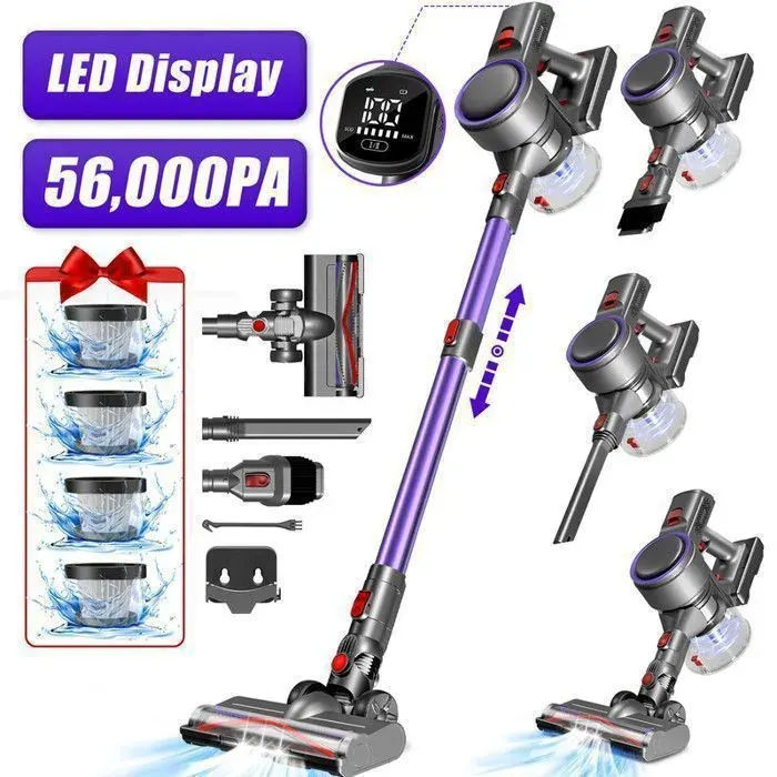 Aspirateur Balai sans Fil 56000Pa-Autonomie 55 Min- Aspirateur sans Fil 520W-Moteur sans Balais-Écran LED-Station de charge murale
