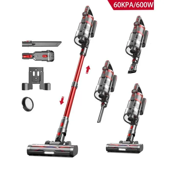 Aspirateur Balai Sans Fil 60000 Pa/600W/65Mins Max OLED Écran Batterie amovible Poils danimaux Filtration HEPA Auto-Portant