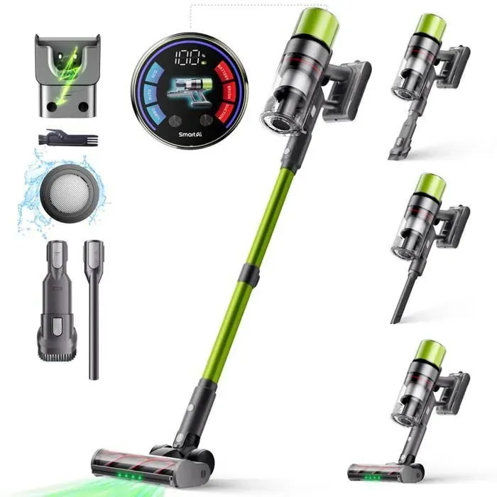 Aspirateur balai sans fil - 600W / 50 000Pa - 70 min autonomie - Écran tactile - Brosse anti-emmêlement — coloris Verte